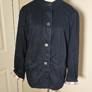 Talbots Dark Blue Utility Jacket with Plaid Lining & Cuffs. Size 16. Flap Pocket